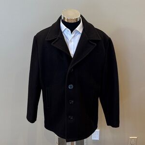 Schott NYC mens L Large black solid wool button up pea coat EUC